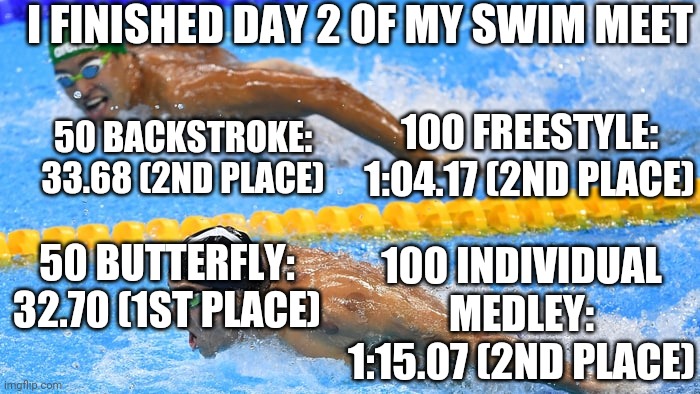 Before you think that I'm amazingly fast, This is just an intra squad meet and not many people showed up |  I FINISHED DAY 2 OF MY SWIM MEET; 50 BACKSTROKE: 33.68 (2ND PLACE); 100 FREESTYLE: 1:04.17 (2ND PLACE); 100 INDIVIDUAL MEDLEY: 1:15.07 (2ND PLACE); 50 BUTTERFLY: 32.70 (1ST PLACE) | image tagged in michael phelps,memes,swimming | made w/ Imgflip meme maker