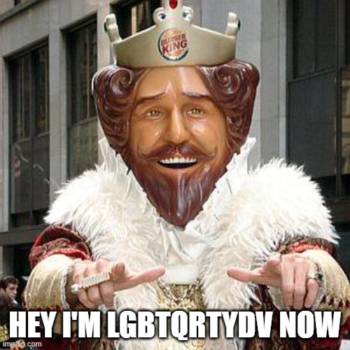 burger king | HEY I'M LGBTQRTYDV NOW | image tagged in burger king | made w/ Imgflip meme maker