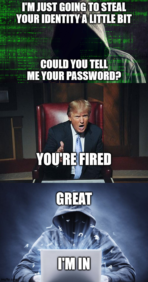 I'M JUST GOING TO STEAL YOUR IDENTITY A LITTLE BIT; COULD YOU TELL ME YOUR PASSWORD? YOU'RE FIRED; GREAT; I'M IN | image tagged in donald trump you're fired,hacker | made w/ Imgflip meme maker