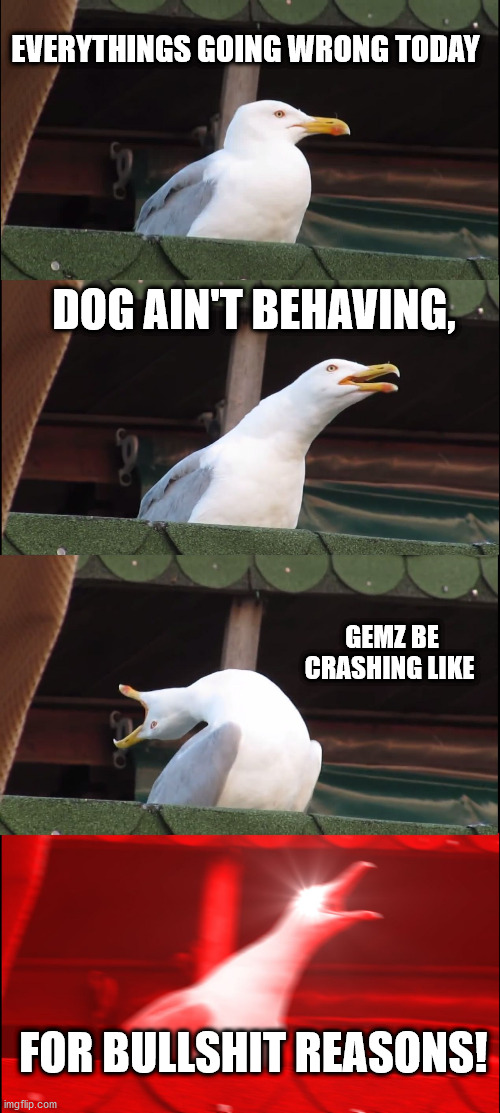 Inhaling Seagull | EVERYTHINGS GOING WRONG TODAY; DOG AIN'T BEHAVING, GEMZ BE CRASHING LIKE; FOR BULLSHIT REASONS! | image tagged in memes,inhaling seagull | made w/ Imgflip meme maker