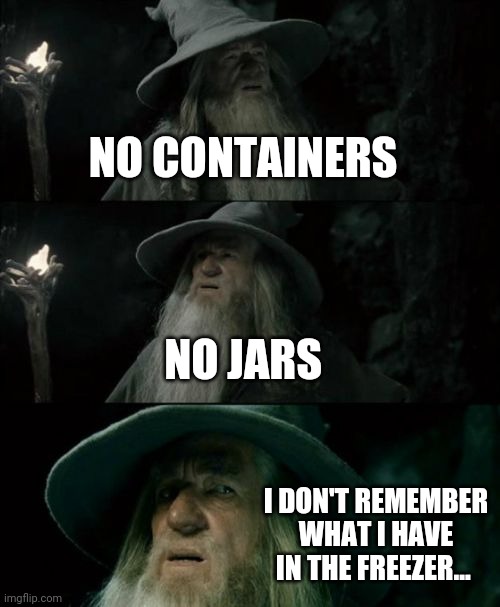 Confused Gandalf Meme | NO CONTAINERS; NO JARS; I DON'T REMEMBER WHAT I HAVE IN THE FREEZER... | image tagged in memes,confused gandalf | made w/ Imgflip meme maker