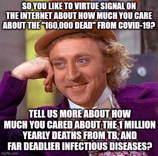 Liberals Must Be Really Caring People | SO YOU LIKE TO VIRTUE SIGNAL ON THE INTERNET ABOUT HOW MUCH YOU CARE ABOUT THE "160,000 DEAD" FROM COVID-19? TELL US MORE ABOUT HOW MUCH YOU CARED ABOUT THE 1 MILLION YEARLY DEATHS FROM TB, AND FAR DEADLIER INFECTIOUS DISEASES? | image tagged in creepy condescending wonka,trump,biden,covid,covid19,covid-19 | made w/ Imgflip meme maker