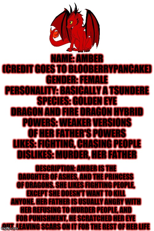 Yep, her father scratched her eye out for not killing people | NAME: AMBER (CREDIT GOES TO BLOOBERRYPANCAKE)
GENDER: FEMALE
PERSONALITY: BASICALLY A TSUNDERE
SPECIES: GOLDEN EYE DRAGON AND FIRE DRAGON HYBRID
POWERS: WEAKER VERSIONS OF HER FATHER'S POWERS
LIKES: FIGHTING, CHASING PEOPLE
DISLIKES: MURDER, HER FATHER; DESCRIPTION: AMBER IS THE DAUGHTER OF ASHES, AND THE PRINCESS OF DRAGONS. SHE LIKES FIGHTING PEOPLE, EXCEPT SHE DOESN'T WANT TO KILL ANYONE. HER FATHER IS USUALLY ANGRY WITH HER REFUSING TO MURDER PEOPLE, AND FOR PUNISHMENT, HE SCRATCHED HER EYE OUT, LEAVING SCARS ON IT FOR THE REST OF HER LIFE | image tagged in blank white template | made w/ Imgflip meme maker