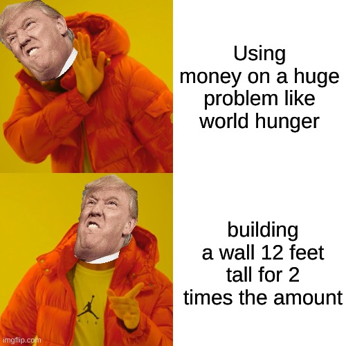 Drake Hotline Bling | Using money on a huge problem like world hunger; building a wall 12 feet tall for 2 times the amount | image tagged in memes,drake hotline bling | made w/ Imgflip meme maker