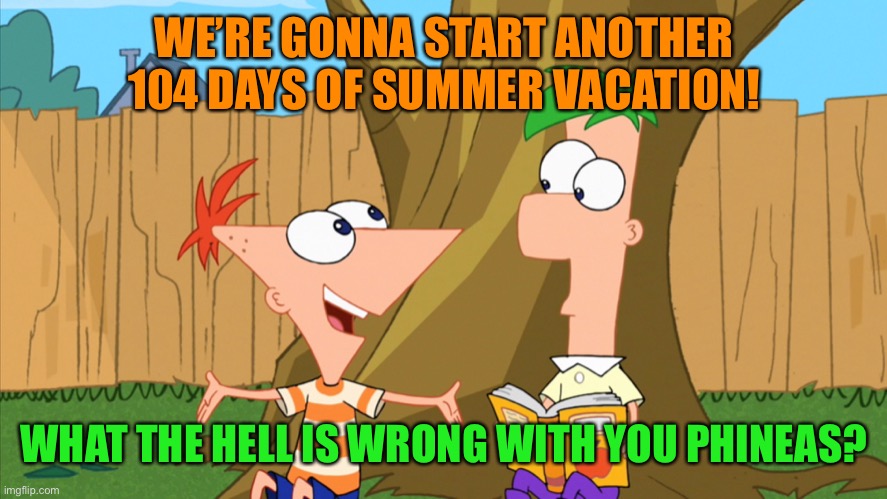 Phineas and Ferb | WE’RE GONNA START ANOTHER 104 DAYS OF SUMMER VACATION! WHAT THE HELL IS WRONG WITH YOU PHINEAS? | image tagged in phineas and ferb | made w/ Imgflip meme maker