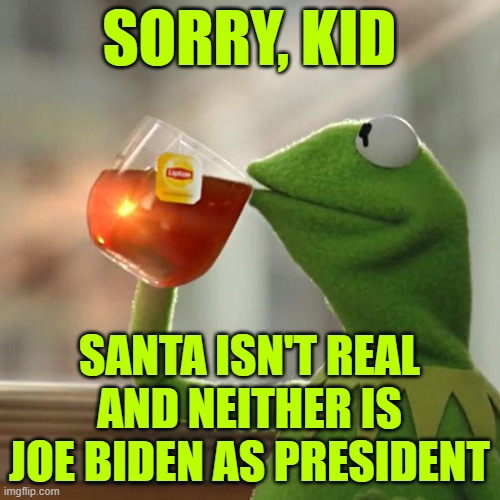 But That's None Of My Business Meme | SORRY, KID SANTA ISN'T REAL AND NEITHER IS JOE BIDEN AS PRESIDENT | image tagged in memes,but that's none of my business,kermit the frog | made w/ Imgflip meme maker