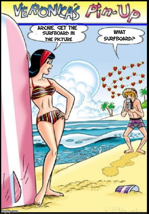 I must admit: I find some cartoon girls attractive. | WHAT SURFBOARD? ARCHIE, GET THE; SURFBOARD IN
THE PICTURE | image tagged in vince vance,archie,comics,veronica,memes,beach | made w/ Imgflip meme maker