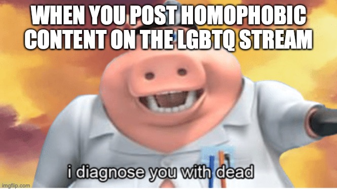 I diagnose you with dead | WHEN YOU POST HOMOPHOBIC CONTENT ON THE LGBTQ STREAM | image tagged in i diagnose you with dead | made w/ Imgflip meme maker