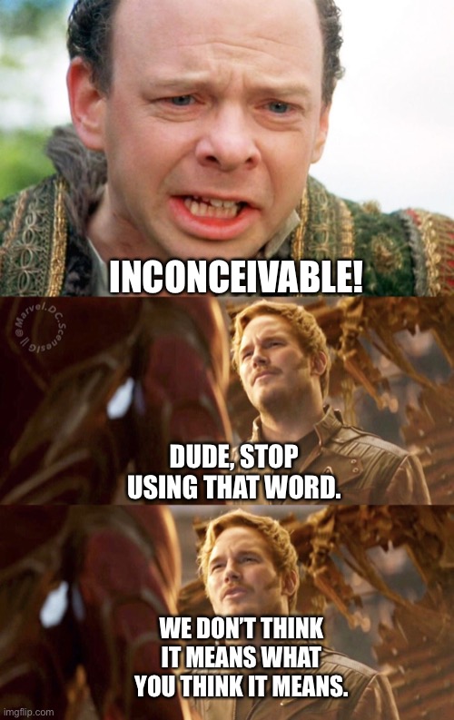 Peter Quill (MCU) calls out Vizzini (Princess Bride) for using the word “Inconceivable” without knowing its real definition | INCONCEIVABLE! DUDE, STOP USING THAT WORD. WE DON’T THINK IT MEANS WHAT YOU THINK IT MEANS. | image tagged in princess bride,princess bride vizzini,inconceivable,starlord,avengers infinity war,marvel cinematic universe | made w/ Imgflip meme maker