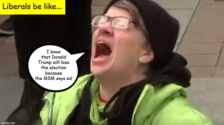 What they keep saying... | Liberals be like... I know that Donald Trump will lose the election because the MSM says so! | image tagged in screaming liberal,memes,donald trump,joe biden,mike pence,kamala harris | made w/ Imgflip meme maker