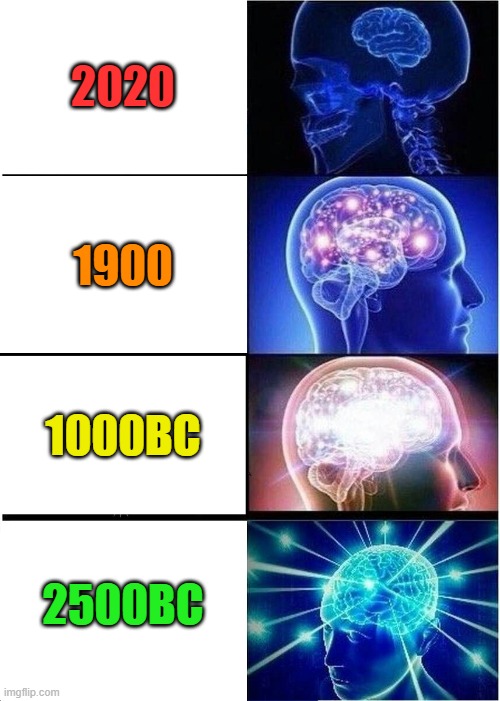 Expanding Brain | 2020; 1900; 1000BC; 2500BC | image tagged in memes,expanding brain | made w/ Imgflip meme maker