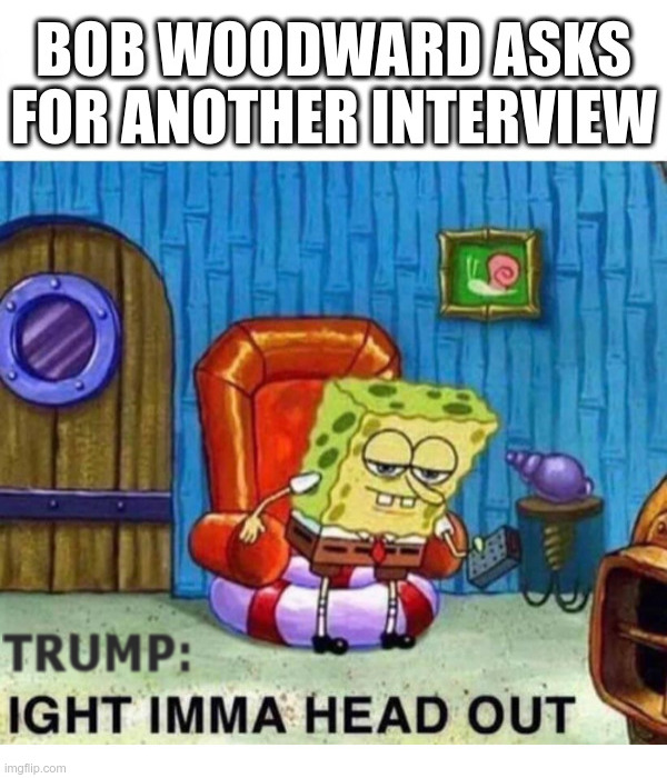 Bob Woodward Asks For Another Interview | image tagged in bob woodward,donald trump,trump interview,rage,spongebob,spongebob ight imma head out | made w/ Imgflip meme maker