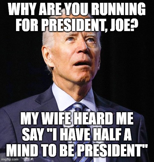 Joe Biden | WHY ARE YOU RUNNING FOR PRESIDENT, JOE? MY WIFE HEARD ME SAY "I HAVE HALF A MIND TO BE PRESIDENT" | image tagged in joe biden | made w/ Imgflip meme maker