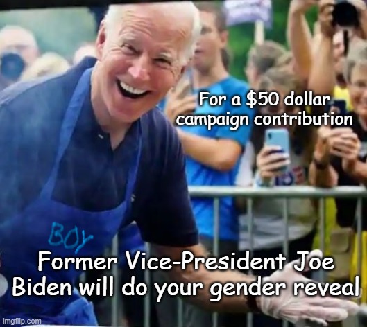 Gender Joe | For a $50 dollar campaign contribution; Former Vice-President Joe Biden will do your gender reveal | image tagged in gender reveal,joe biden,campaign contributions,politiccs | made w/ Imgflip meme maker
