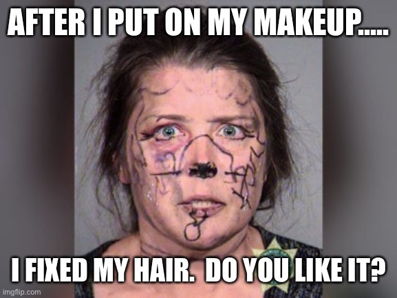 Girl | AFTER I PUT ON MY MAKEUP..... I FIXED MY HAIR.  DO YOU LIKE IT? | image tagged in girl | made w/ Imgflip meme maker