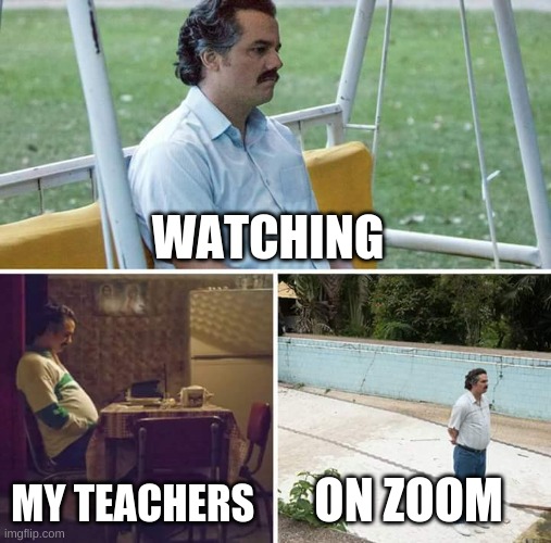 Sad Pablo Escobar | WATCHING; MY TEACHERS; ON ZOOM | image tagged in memes,sad pablo escobar | made w/ Imgflip meme maker
