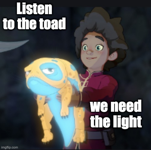 Glow Toad | Listen to the toad; we need the light | image tagged in dragon prince,light,toad | made w/ Imgflip meme maker