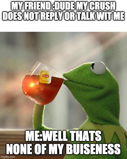 true story | MY FRIEND :DUDE MY CRUSH DOES NOT REPLY OR TALK WIT ME; ME:WELL THATS NONE OF MY BUISENESS | image tagged in memes,but that's none of my business,kermit the frog | made w/ Imgflip meme maker