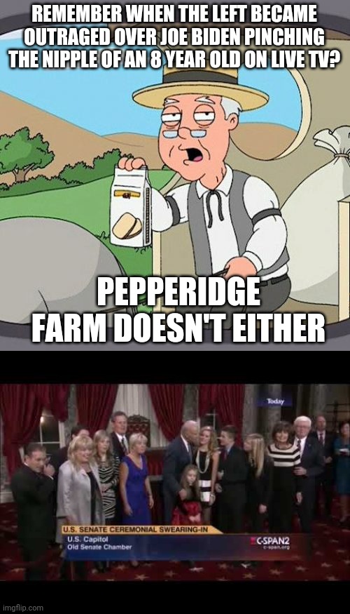 Joe biden molesting children on live tv and you still have his leftist shills claiming he did nothing wrong. | REMEMBER WHEN THE LEFT BECAME OUTRAGED OVER JOE BIDEN PINCHING THE NIPPLE OF AN 8 YEAR OLD ON LIVE TV? PEPPERIDGE FARM DOESN'T EITHER | image tagged in memes,pepperidge farm remembers,joe biden,creepy joe biden | made w/ Imgflip meme maker