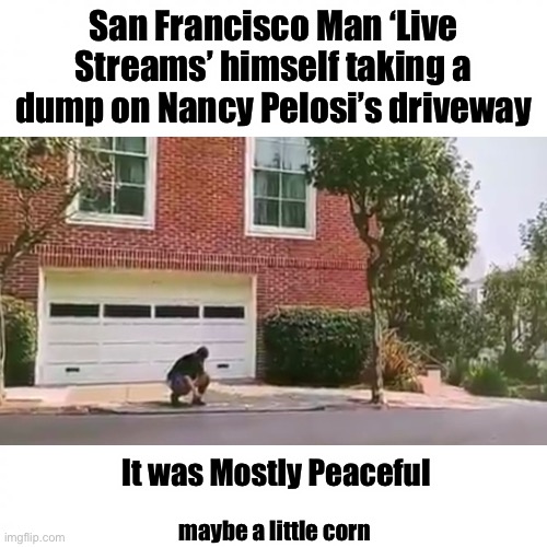 The Dookie Hazard |  San Francisco Man ‘Live Streams’ himself taking a dump on Nancy Pelosi’s driveway; It was Mostly Peaceful; maybe a little corn | image tagged in nancy pelosi,shit,dukes of hazzard,protest,corn,san francisco | made w/ Imgflip meme maker