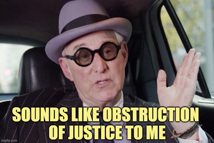 Roger Stone convict | SOUNDS LIKE OBSTRUCTION 
OF JUSTICE TO ME | image tagged in roger stone convict | made w/ Imgflip meme maker