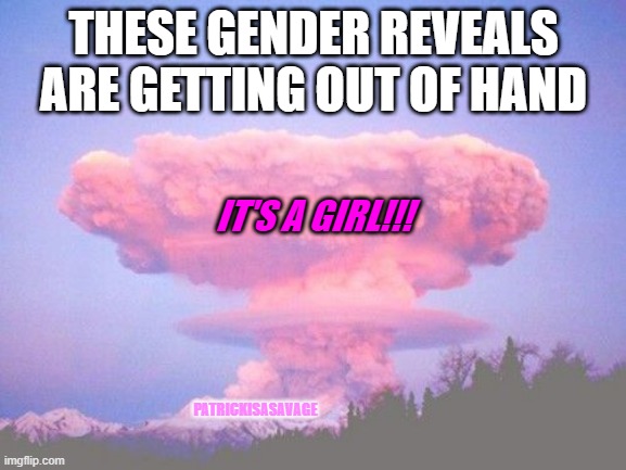 The gender reveals are getting out of hand! | THESE GENDER REVEALS ARE GETTING OUT OF HAND; IT'S A GIRL!!! PATRICKISASAVAGE | image tagged in gender,party,baby,explosion,funny memes,gender reveal | made w/ Imgflip meme maker