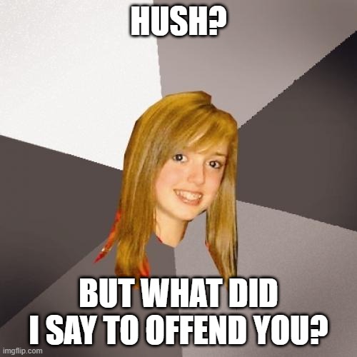 When you're totally clueless | HUSH? BUT WHAT DID I SAY TO OFFEND YOU? | image tagged in memes,musically oblivious 8th grader,rock music,music meme,new memes,oblivious | made w/ Imgflip meme maker