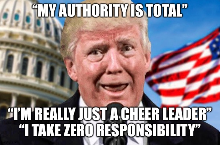 The buck stops over there | “MY AUTHORITY IS TOTAL”; “I’M REALLY JUST A CHEER LEADER”
“I TAKE ZERO RESPONSIBILITY” | image tagged in donald trump approves,election 2020,republicans,democrats,covid-19 | made w/ Imgflip meme maker