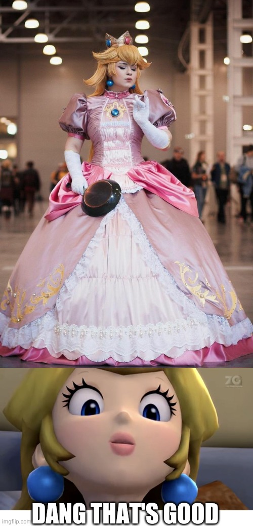 BUT WHY A FRYING PAN? | DANG THAT'S GOOD | image tagged in blank white template,princess peach be like,princess peach,cosplay,princess,super mario bros | made w/ Imgflip meme maker