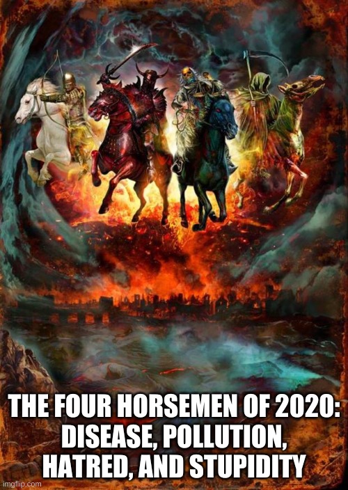 The Four Horsemen of 2020 | THE FOUR HORSEMEN OF 2020:
DISEASE, POLLUTION, HATRED, AND STUPIDITY | image tagged in the four horsemen of the apocalypse | made w/ Imgflip meme maker