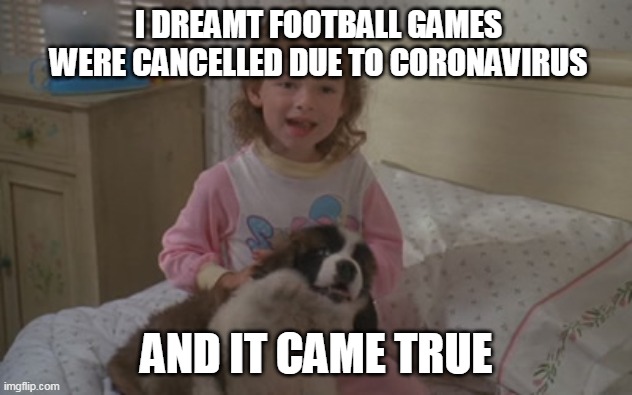 I dreamt football games were cancelled due to coronavirus, and it came true | I DREAMT FOOTBALL GAMES WERE CANCELLED DUE TO CORONAVIRUS; AND IT CAME TRUE | image tagged in and it came true,memes,emily newton,beethoven,football,2020 | made w/ Imgflip meme maker