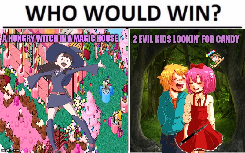 Anime Hansel and Gretel | A HUNGRY WITCH IN A MAGIC HOUSE; 2 EVIL KIDS LOOKIN' FOR CANDY | image tagged in fairy tales,anime,witch,evil kid | made w/ Imgflip meme maker