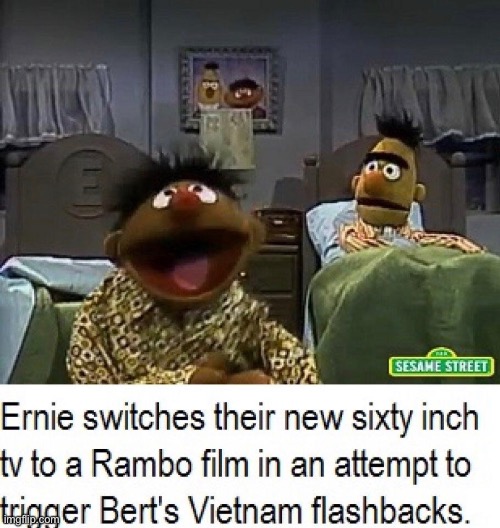 Now that’s dark | image tagged in funny,memes,funny memes,sesame street,vietnam,rambo | made w/ Imgflip meme maker