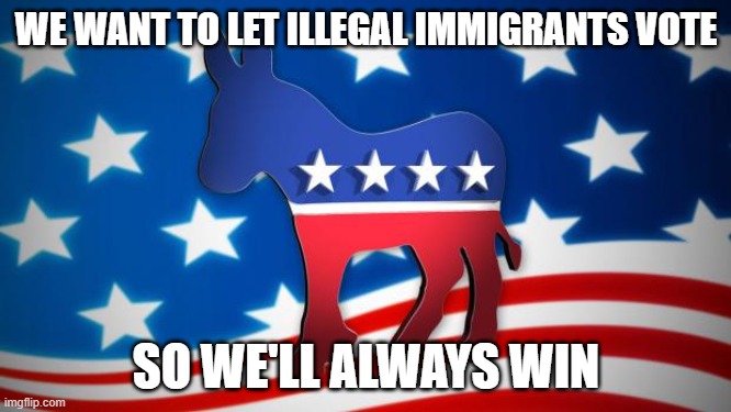 Illegal Alien Vote | WE WANT TO LET ILLEGAL IMMIGRANTS VOTE; SO WE'LL ALWAYS WIN | image tagged in democrats,memes,illegal aliens,vote,upvotes | made w/ Imgflip meme maker