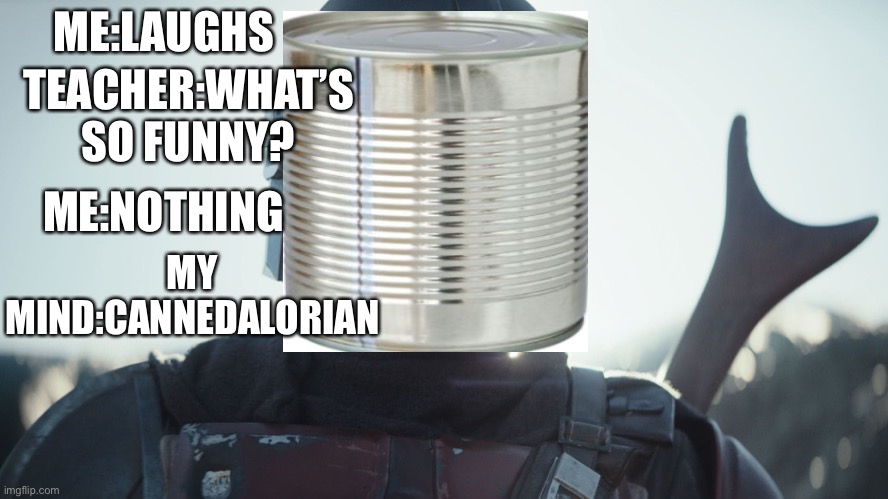 The Mandalorian. | ME:LAUGHS; TEACHER:WHAT’S SO FUNNY? ME:NOTHING; MY MIND:CANNEDALORIAN | image tagged in the mandalorian | made w/ Imgflip meme maker