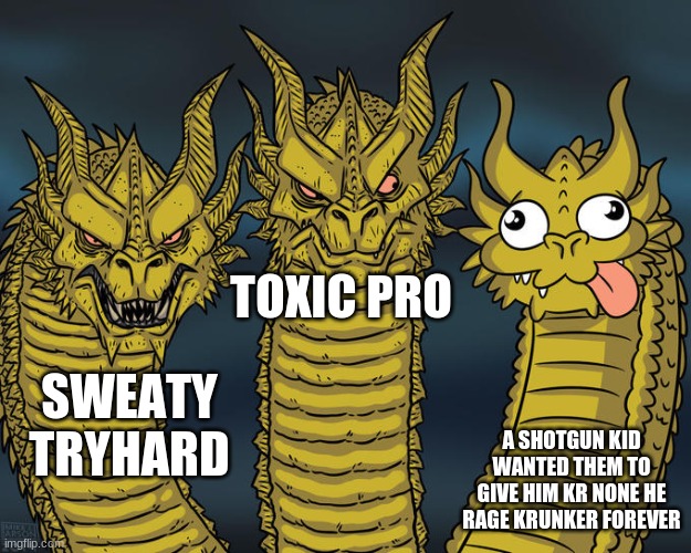 Three-headed Dragon | TOXIC PRO; SWEATY TRYHARD; A SHOTGUN KID WANTED THEM TO GIVE HIM KR NONE HE RAGE KRUNKER FOREVER | image tagged in three-headed dragon | made w/ Imgflip meme maker