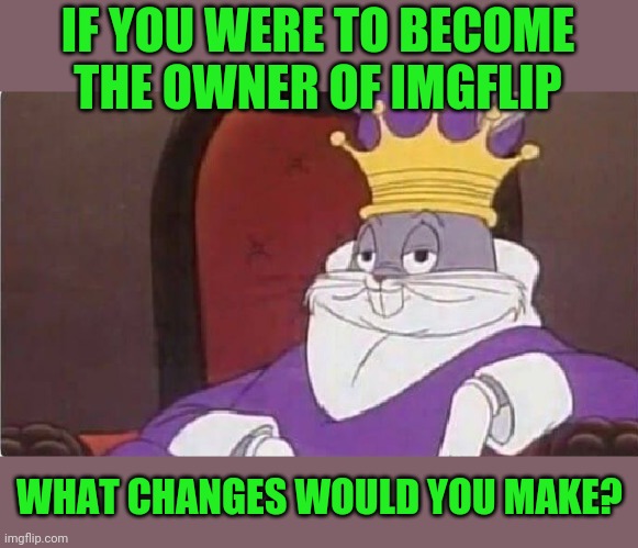 Purely a hypothetical question as the role is not up for grabs atm ;) | IF YOU WERE TO BECOME THE OWNER OF IMGFLIP; WHAT CHANGES WOULD YOU MAKE? | image tagged in bugs bunny king | made w/ Imgflip meme maker