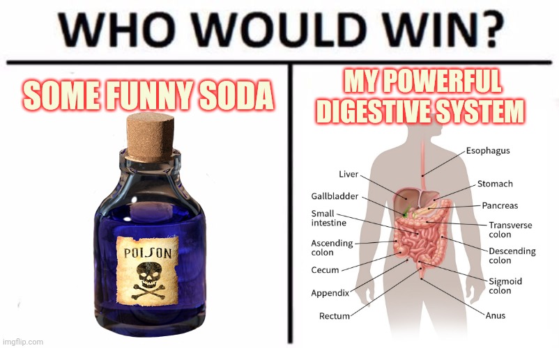 Tasty drinks | SOME FUNNY SODA; MY POWERFUL DIGESTIVE SYSTEM | image tagged in memes,who would win,poison,soda | made w/ Imgflip meme maker