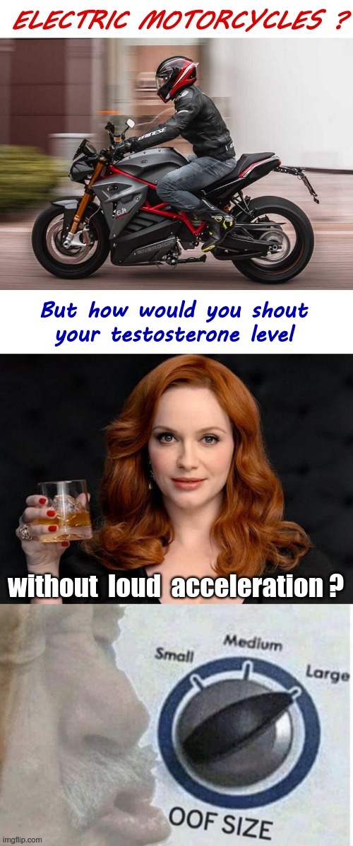Why Electric Motorcycles Will Never Be A Thing | ELECTRIC  MOTORCYCLES ? But how would you shout
your testosterone level; without  loud  acceleration ? | image tagged in oof size large,guys,motorcycles,rick75230 | made w/ Imgflip meme maker