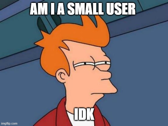 small user i guess | AM I A SMALL USER; IDK | image tagged in memes,futurama fry | made w/ Imgflip meme maker