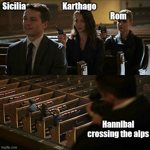 Just go around! | Sicilia                       Karthago
                                                                    Rom; Hannibal crossing the alps | image tagged in assassination chain,hannibal,history,romans,latin | made w/ Imgflip meme maker