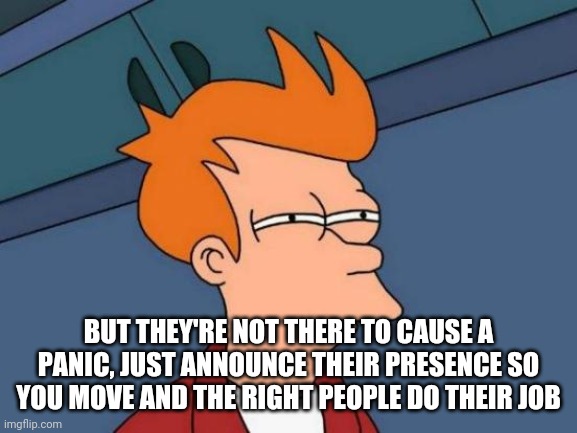 Futurama Fry Meme | BUT THEY'RE NOT THERE TO CAUSE A PANIC, JUST ANNOUNCE THEIR PRESENCE SO YOU MOVE AND THE RIGHT PEOPLE DO THEIR JOB | image tagged in memes,futurama fry | made w/ Imgflip meme maker