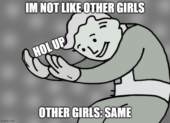 hol up | IM NOT LIKE OTHER GIRLS; HOL UP; OTHER GIRLS: SAME | image tagged in hol up | made w/ Imgflip meme maker