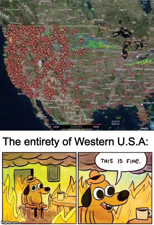 Fire Magnet time | The entirety of Western U.S.A: | image tagged in memes,this is fine | made w/ Imgflip meme maker