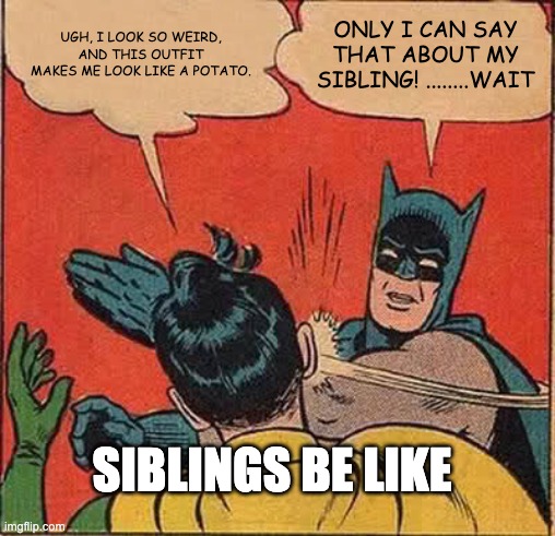 Batman Slapping Robin | UGH, I LOOK SO WEIRD, AND THIS OUTFIT MAKES ME LOOK LIKE A POTATO. ONLY I CAN SAY THAT ABOUT MY SIBLING! ........WAIT; SIBLINGS BE LIKE | image tagged in memes,batman slapping robin | made w/ Imgflip meme maker