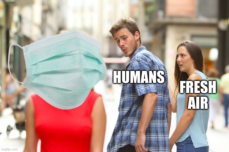 Wear a damn mask people. | HUMANS; FRESH AIR | image tagged in face mask,covid-19,hehe | made w/ Imgflip meme maker