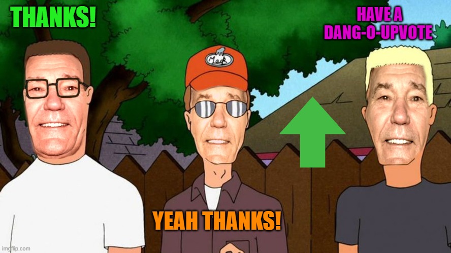 THANKS! YEAH THANKS! HAVE A DANG-O-UPVOTE | image tagged in lew of the hill | made w/ Imgflip meme maker