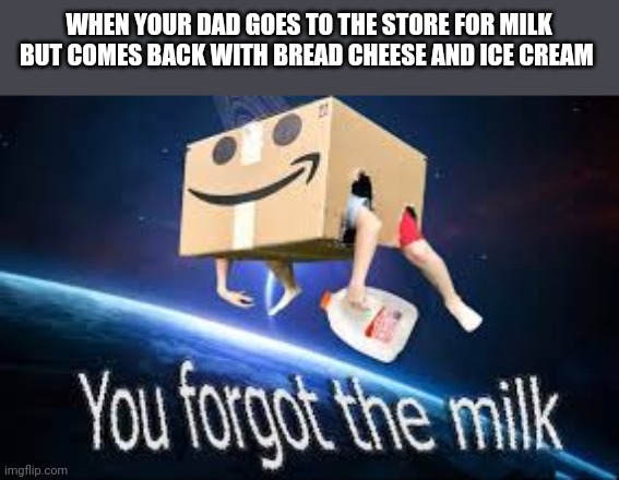 I'm being specific and idk why | WHEN YOUR DAD GOES TO THE STORE FOR MILK BUT COMES BACK WITH BREAD CHEESE AND ICE CREAM | image tagged in you forgot the milk | made w/ Imgflip meme maker