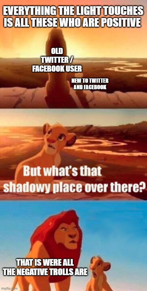 Social media | EVERYTHING THE LIGHT TOUCHES IS ALL THESE WHO ARE POSITIVE; OLD TWITTER / FACEBOOK USER; NEW TO TWITTER AND FACEBOOK; THAT IS WERE ALL THE NEGATIVE TROLLS ARE | image tagged in memes,simba shadowy place | made w/ Imgflip meme maker