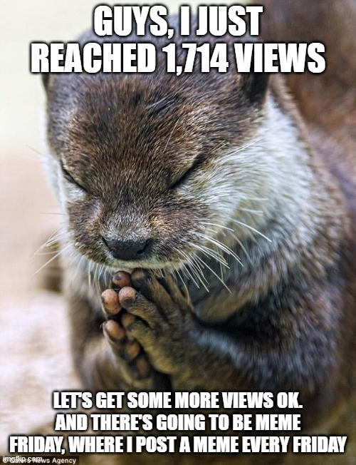 Thank you Lord Otter | GUYS, I JUST REACHED 1,714 VIEWS; LET'S GET SOME MORE VIEWS OK. AND THERE'S GOING TO BE MEME FRIDAY, WHERE I POST A MEME EVERY FRIDAY | image tagged in thank you lord otter | made w/ Imgflip meme maker